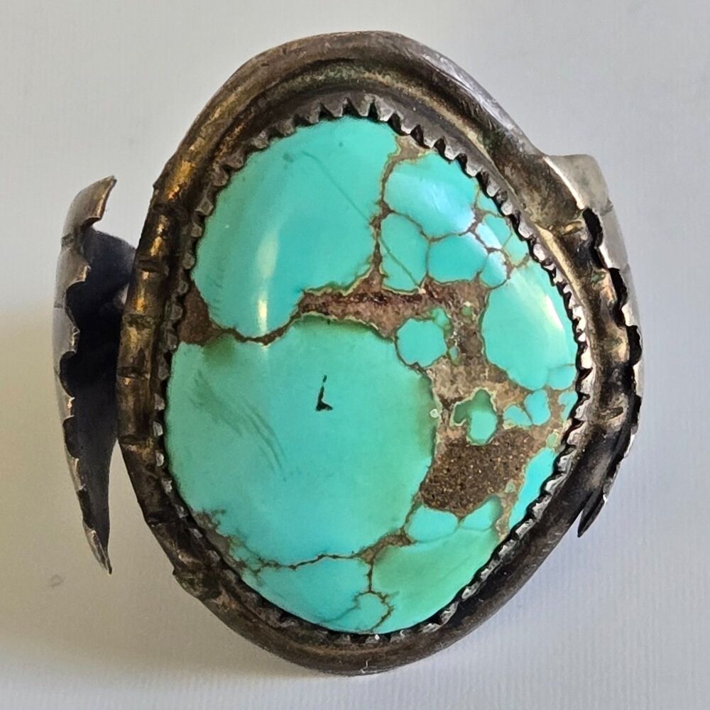 Vintage Old Pawn Sterling Silver Turquoise Ring Pyrite Matrix High Grade 9.5